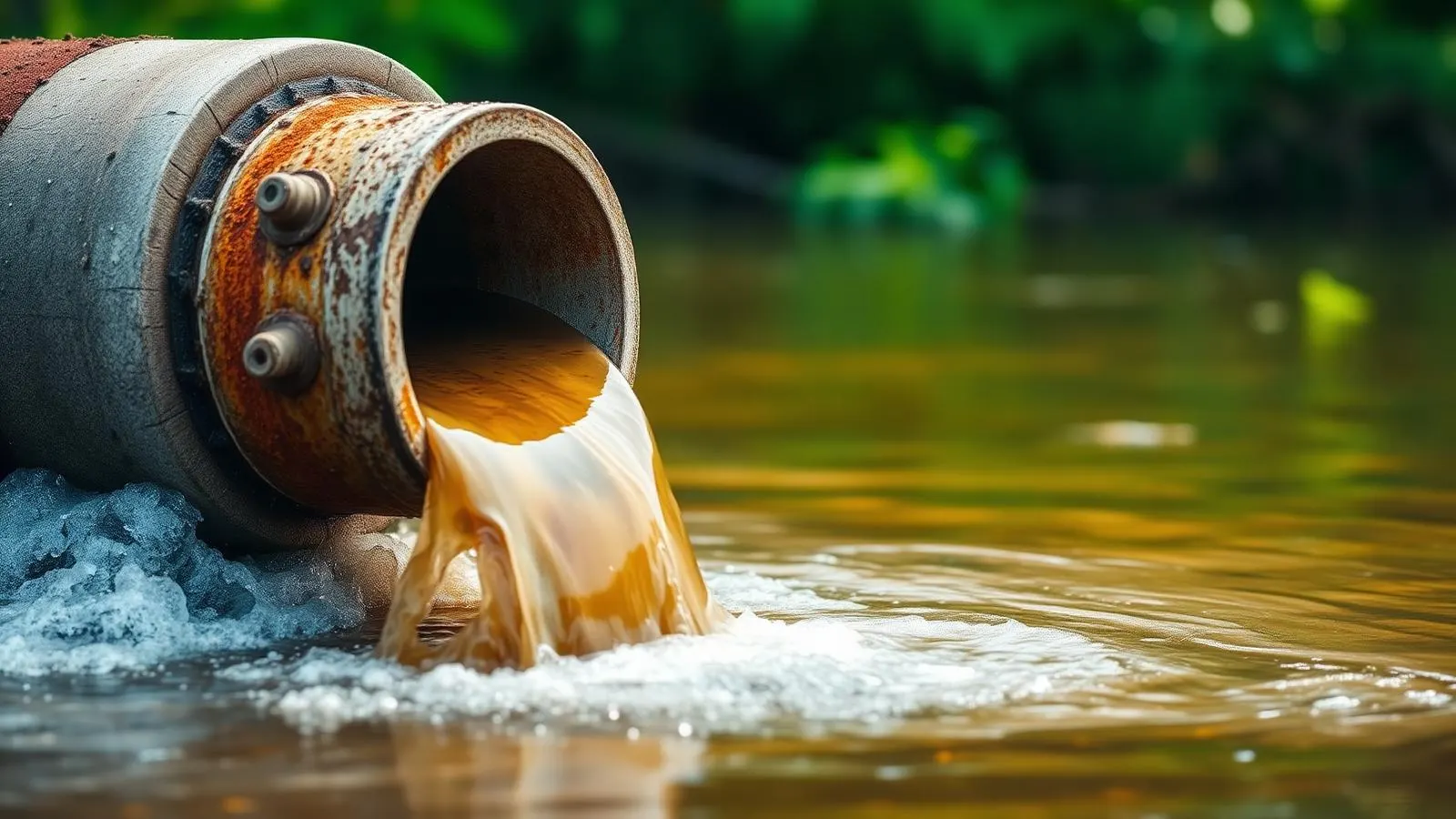 Polluted discharge from a drainage pipe entering a river — an example of the environmental risk poor site controls create.