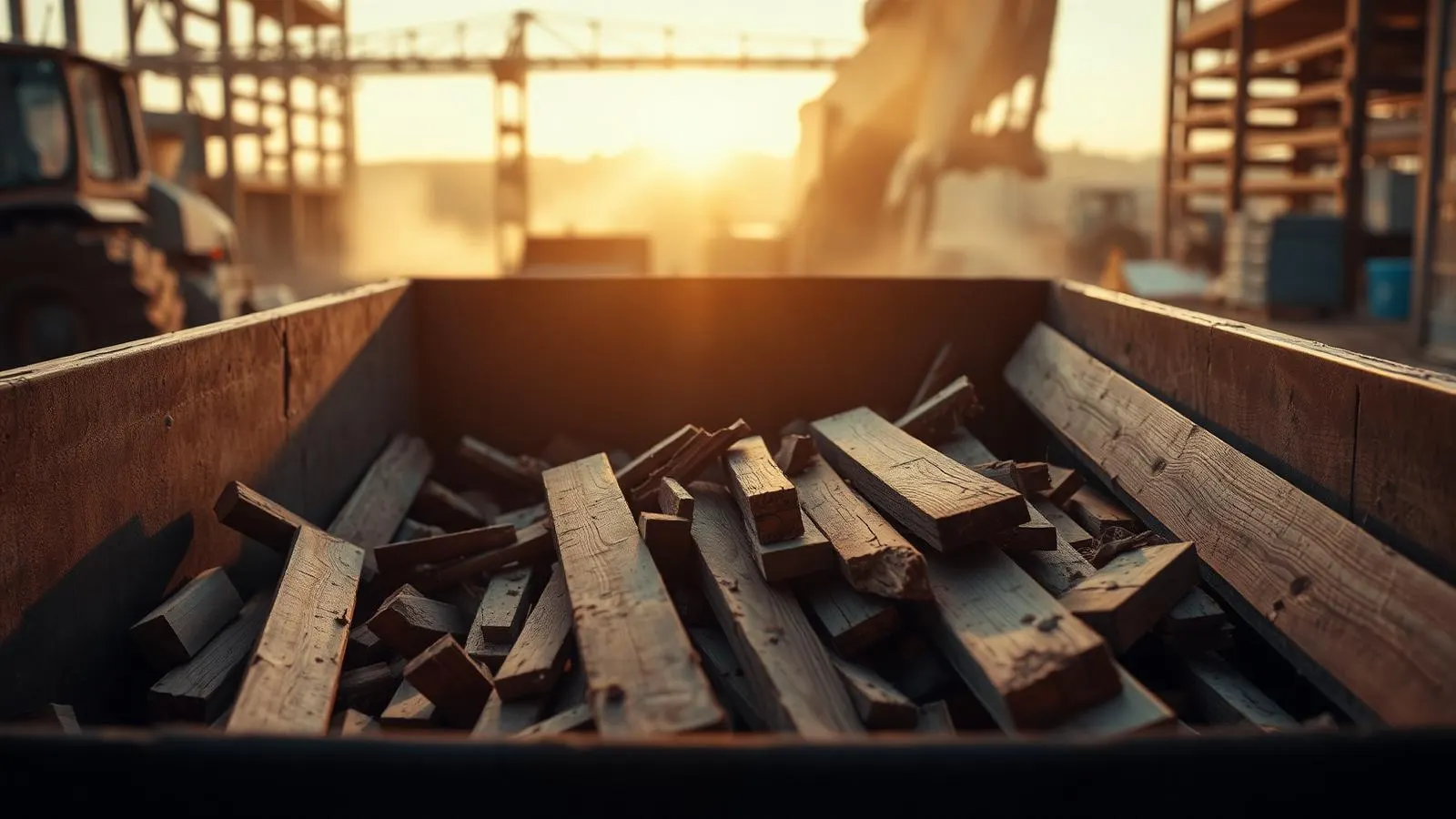 Skip filled with broken timber offcuts on a construction site — the waste stream ELLNO helps segregate and divert from landfill.
