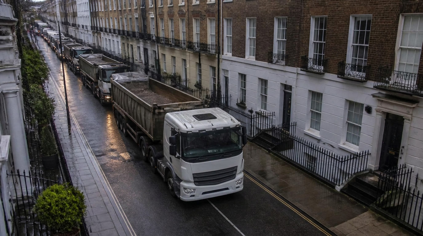 Aerial view of an articulated construction lorry queuing on a narrow Central London street at dawn