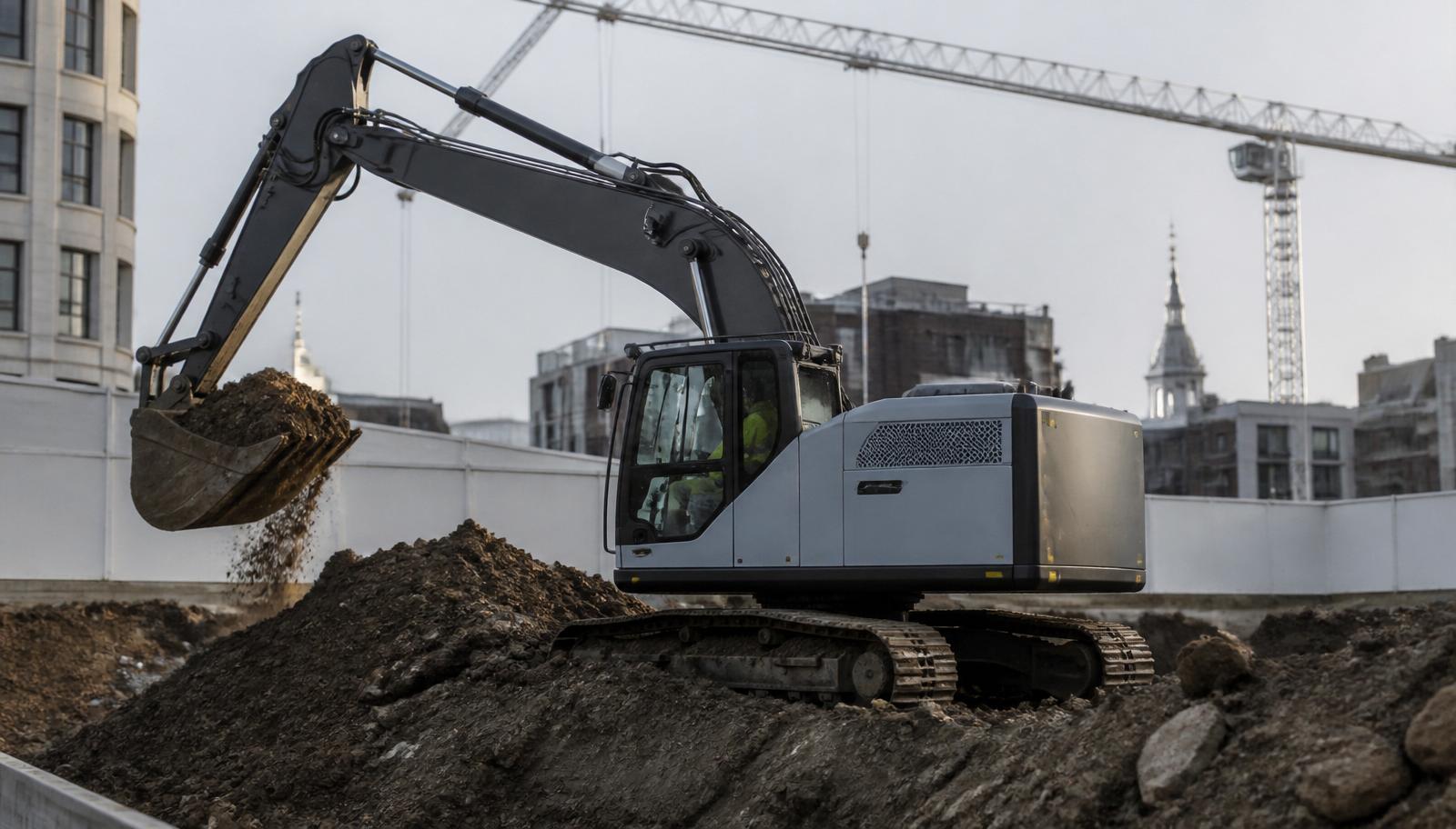 Electric excavator on a Central London site with a tower crane in the background under muted morning light